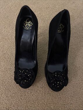 BCBGeneration Black Suede Peep-Toe Pumps with Rosette Stud Detail